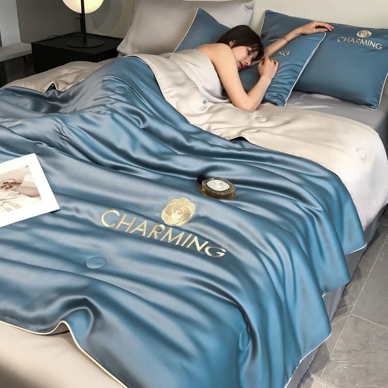 Class A Ice Silk Summer Quilt Set - Cooling, Water Washable, Embroidered, Air Conditioning Friendly, Thin Quilt for Naked Sleep