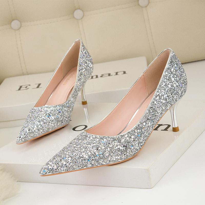 Fashion Sequins Kitten Heels Fashion Woman Pumps Pointed Toe Heeled Shoes Stiletto Heels 2024 New Heeled Shoes Sliver Gold Wedding Shoes