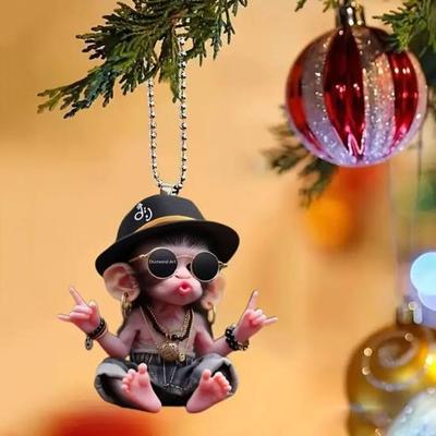 Weihnachts-Affen-Anhänger, 2D-Acryl, hängendes Ornament, Cartoon-Affe, Weihnachtsbaum-Ornament, Auto-Innenausstattung, Geschenk für Tierliebhaber