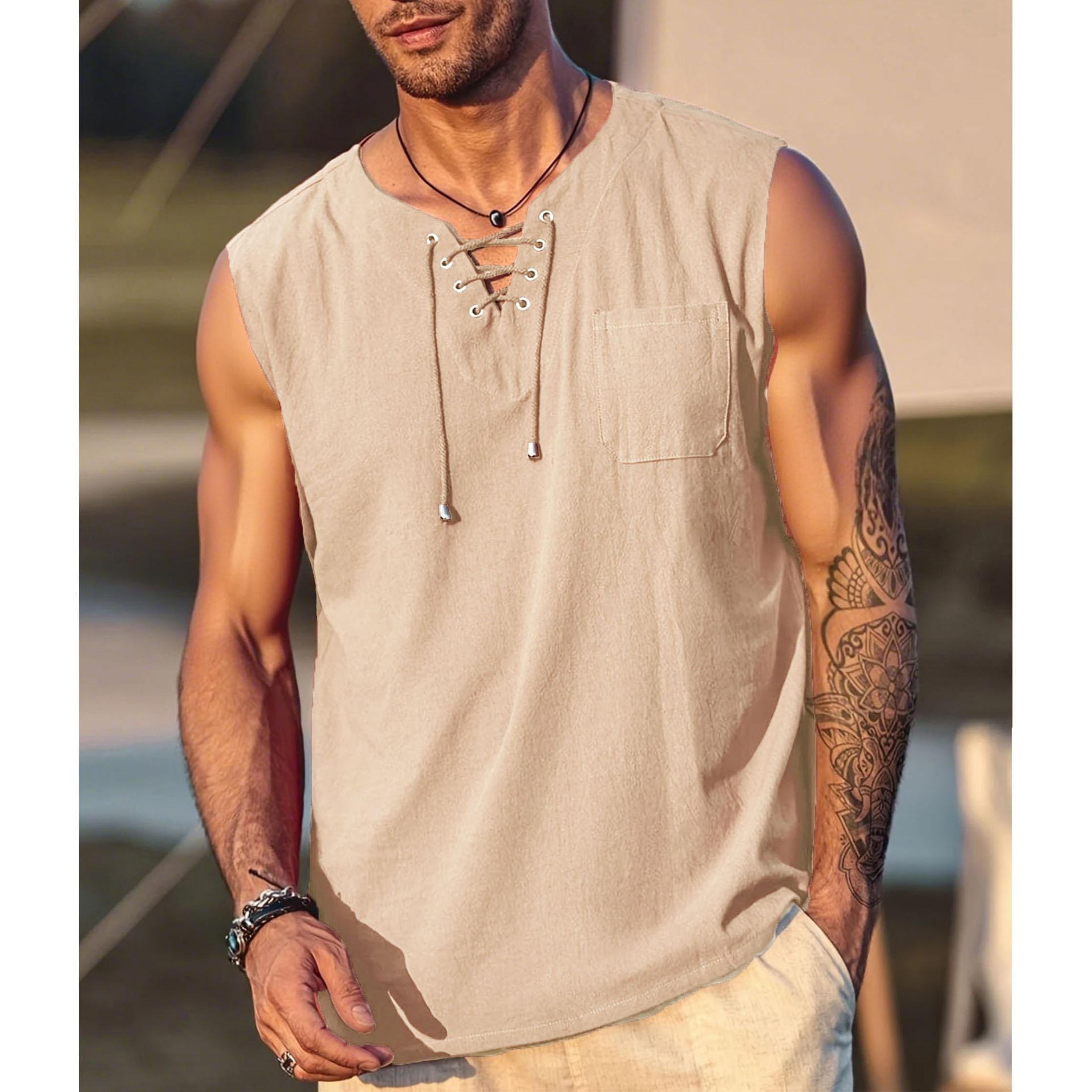 

Бавовняно-лляна чоловіча майка без рукавів, вінтажна, на шнурівці, з V-подібним вирізом, дихаюча, легка, жилет, базовий стиль, чоловічі повсякденні майки XXXL хакі
