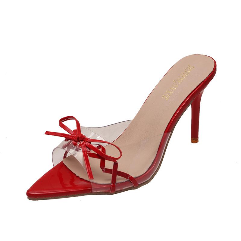 

European and American slippers fashion bow large size high heels women s wear thin heels fish mouth sandals 2025 women 35 красный