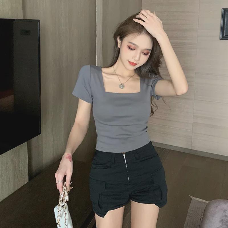Women's Black Short-Sleeve Square Neck Top - Summer 2024 French Style