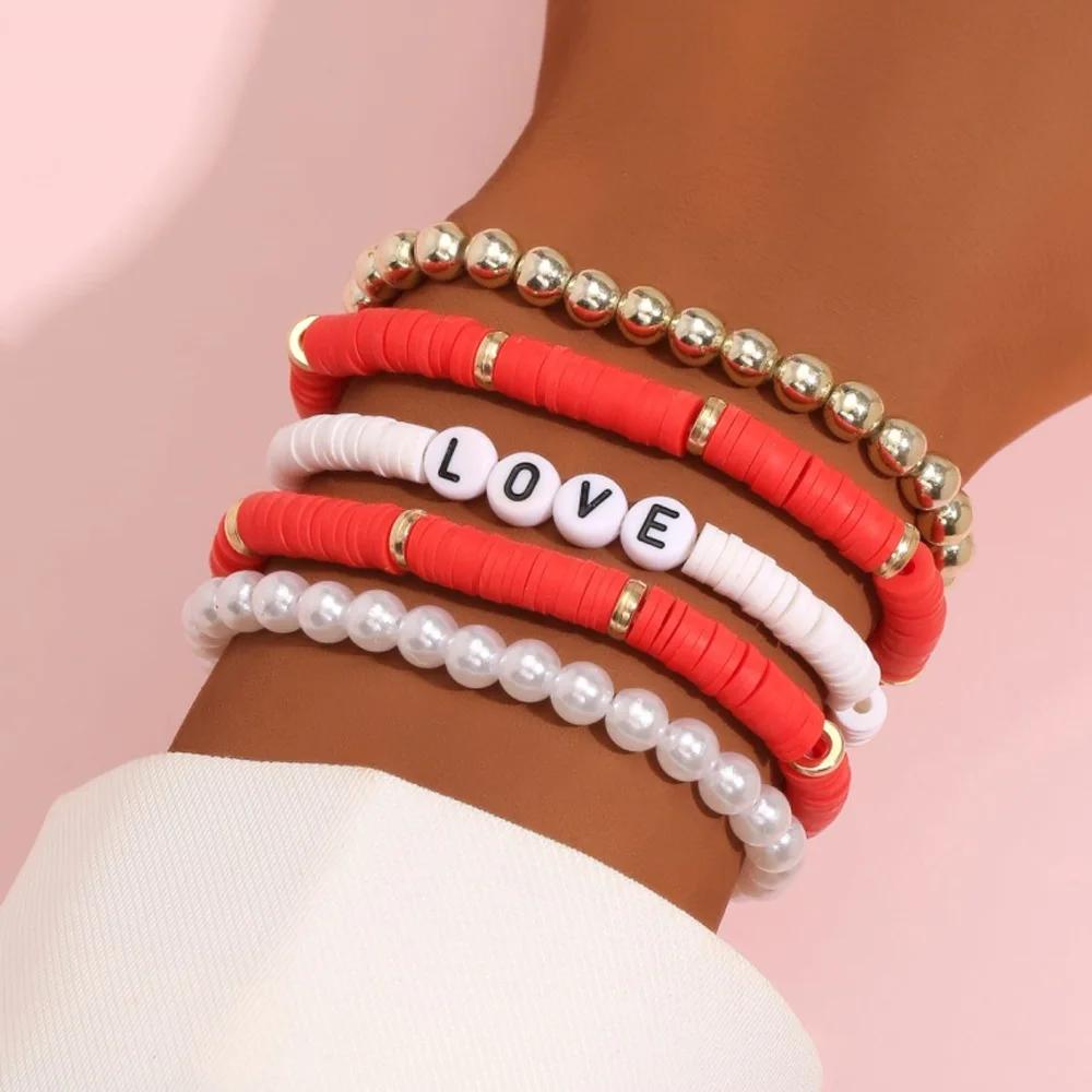 Bohemian Rainbow Stackable Bracelets Set For Women Heart Charm Soft Clay Pottery Layering Beads Chain Bangle Female Boho Jewelry