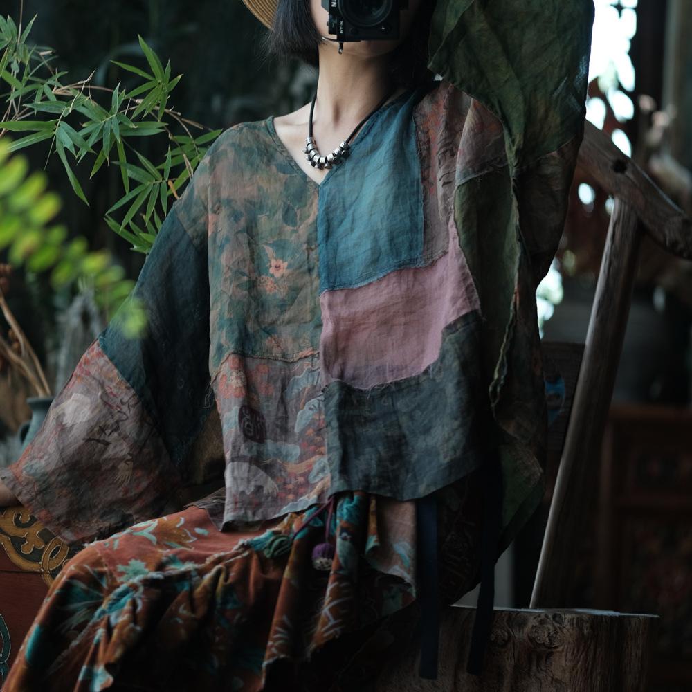 Johnature Vintage Women Patchwork Color T-Shirts V-Neck Long Sleeve Ramie High Quality Autumn Loose T-Shirts