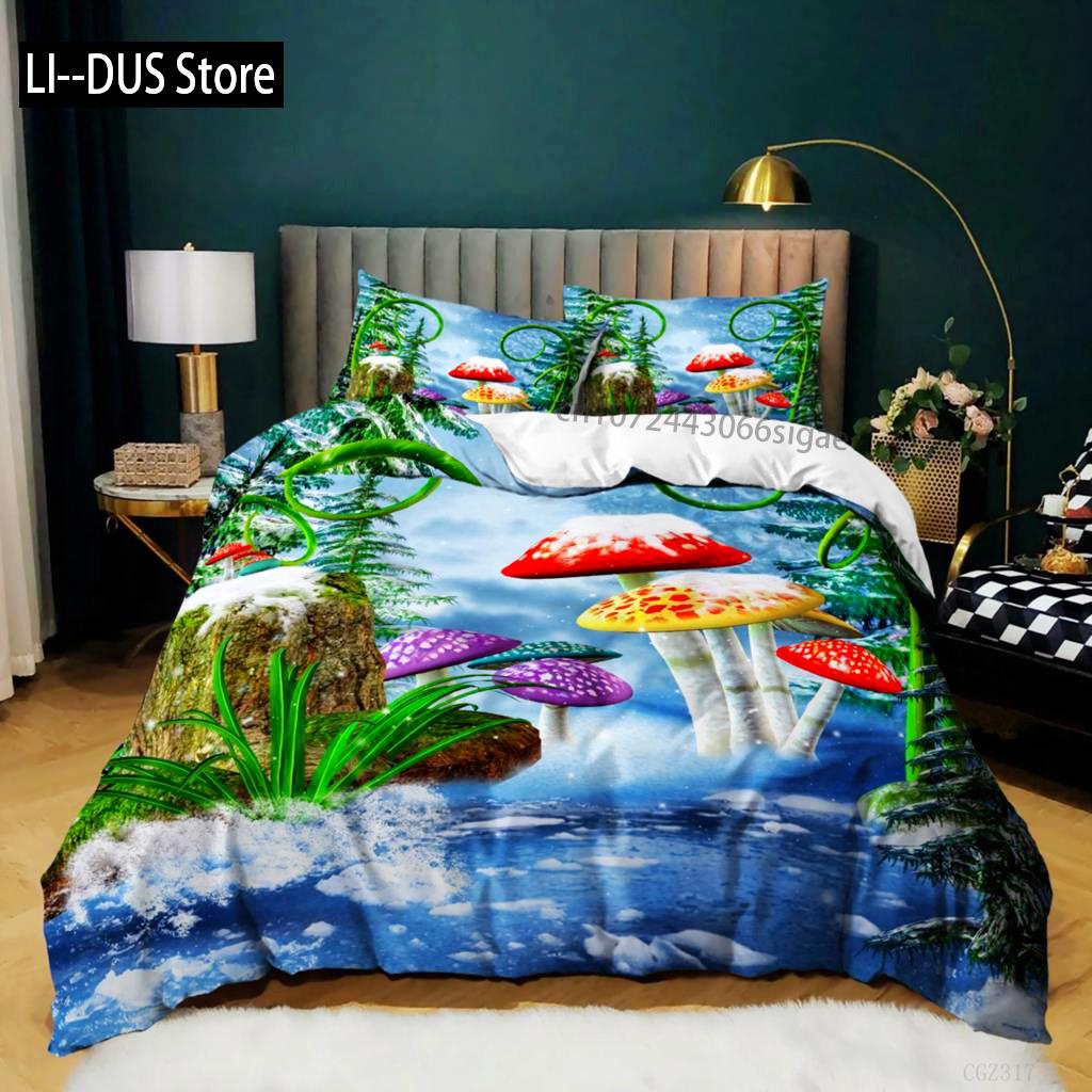 Mushroom Duvet Cover Set Queen Size Microfiber Mushrooms Ornate Doodles With Swirls Eyes Psychedelic Botany Bdding Set For Teens