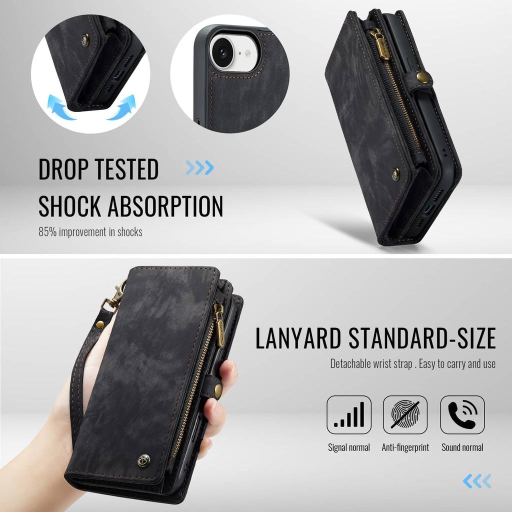 For iPhone 17e 16e Magnetic Wallet Case Compatible Magnetic RFID Blocking Zipper Card Holder Detachable Strap Shockproof Cover