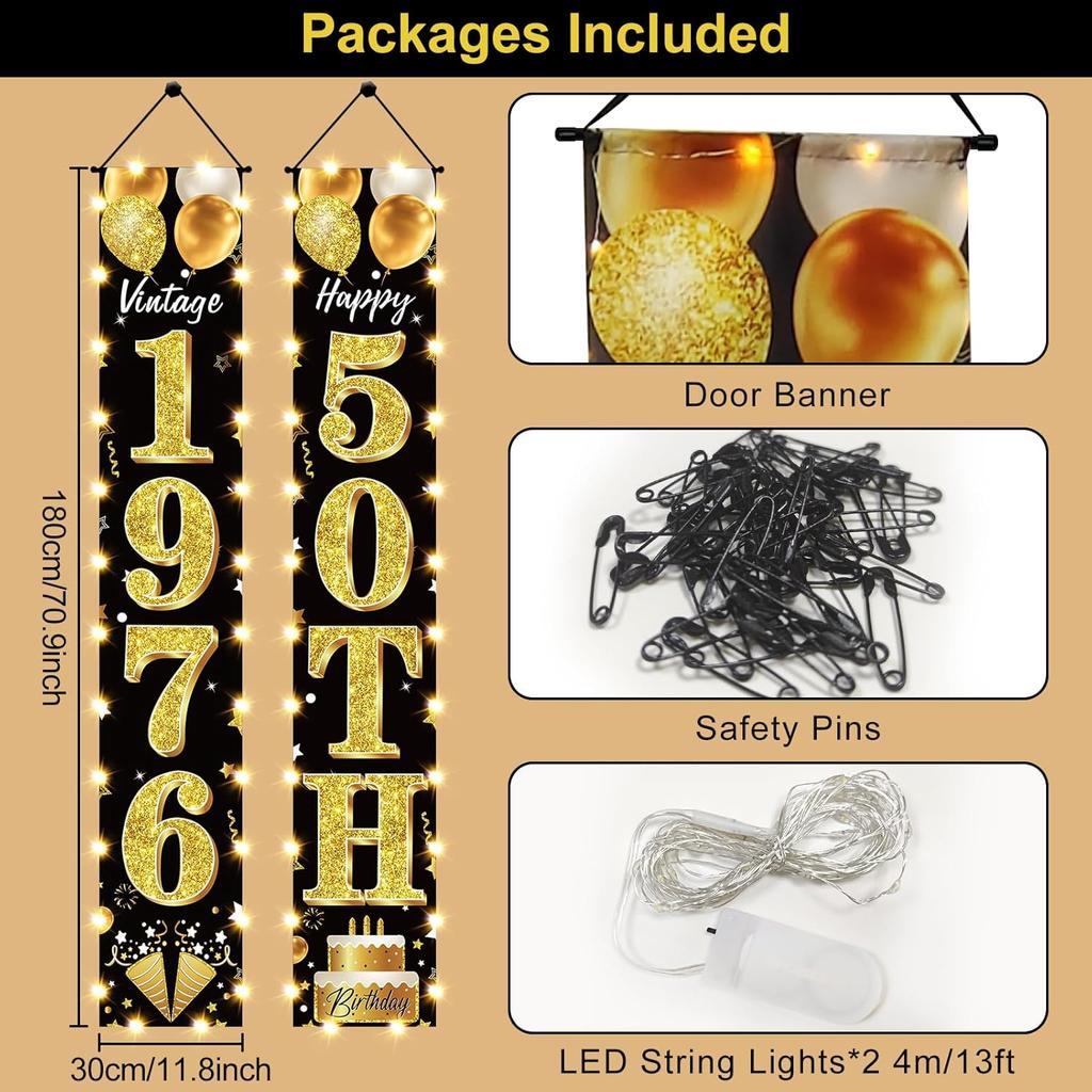 50th Birthday Party Banner Lighted Decorations for Men and Women - Black Gold Vintage 1976 50th Birthday Door Banners with LED Light, Fifty Years