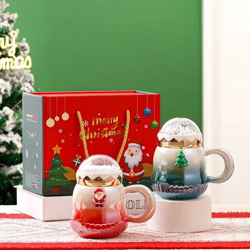 500ml Christmas Mug with Lid Santa Claus Christmas Trees Pattern Ceramic Coffee Cup Home Office Decor New Year Xmas Gift Box