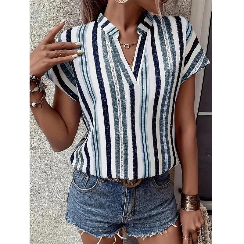 GMXIA Women's Fashion Casual Leisure Summer Stripe Print Short Sleeve V-Neck Blouses & Shirts