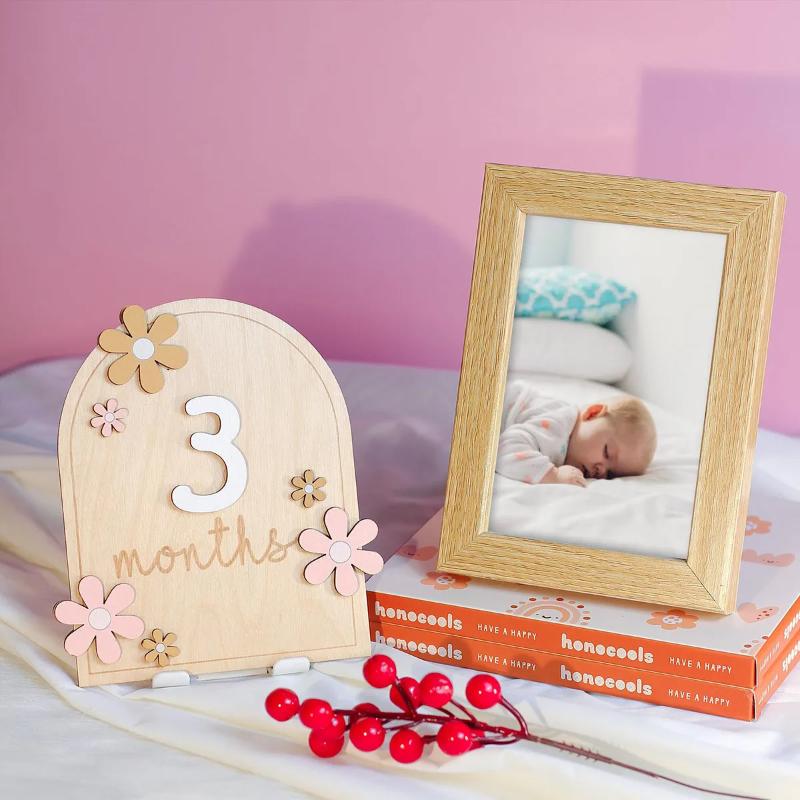Girls Boys Newborn Photography Props Baby Milestone Photo Props Wooden Baby Monthly Milestone Cards 3D Flowers Double Sides