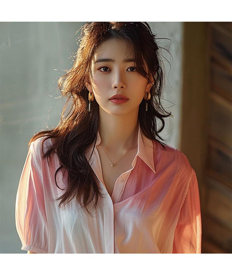 2025 New Unique and Beautiful Design Sense Summer Pink and White Gradually Changing Color Shirt for Women's Niche Age Reducing Top