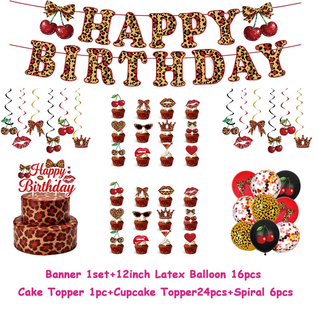 Pink Cherry Leopard Theme Birthday Party Decoration Plate Cup Balloon Banner Sexy Women Girls Shiny Photography Background Gifts