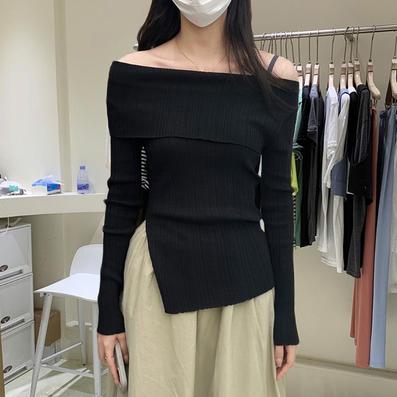 Elegant Off-the-shoulder Pullover Sweater Women Fashion Solid Color Simple Long Sleeve Tops Inner Casual Slim Fit Basic Long Sleeved Bottoming Shirt