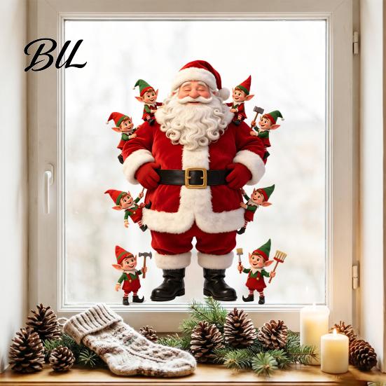 Decorative Glass Door Stickers Christmas Window Cling, Cute Santa Claus And Elf Boys Decal, PVC Festive Winter Holiday Reusable Static Sticker