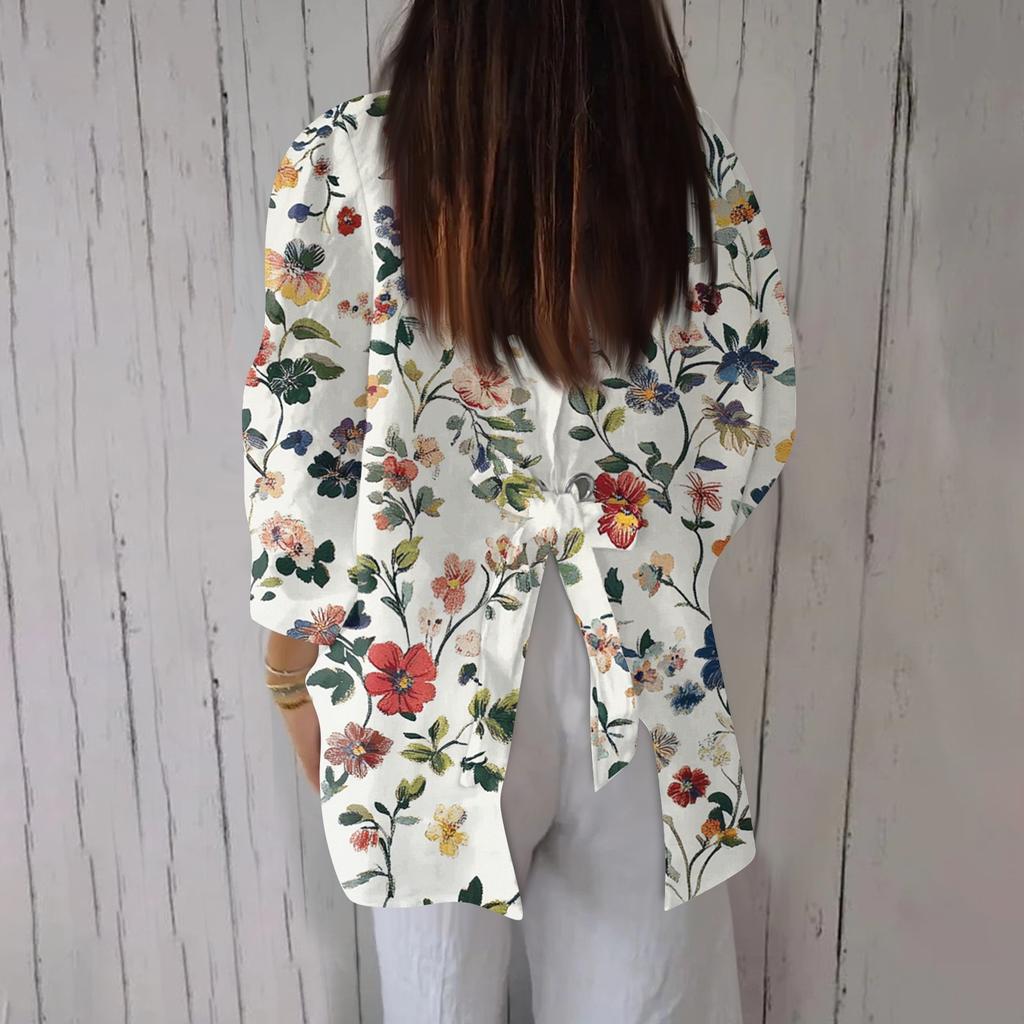 Women's Fashion Seven Sleeve Casual Lapel Back Tie Shirt Printed T-Shirt Top