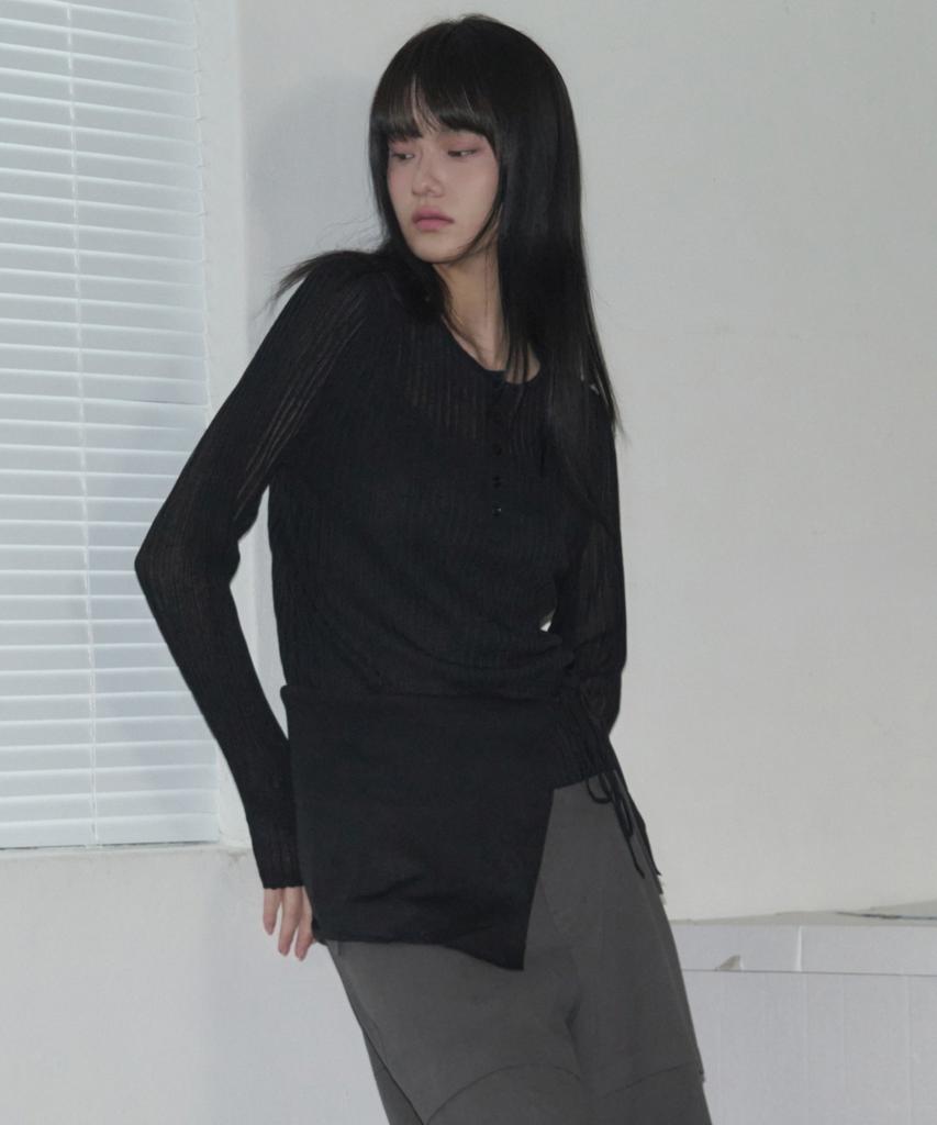 Ledeoli Henley Neck Layered Set Linen Knit Top [Black]