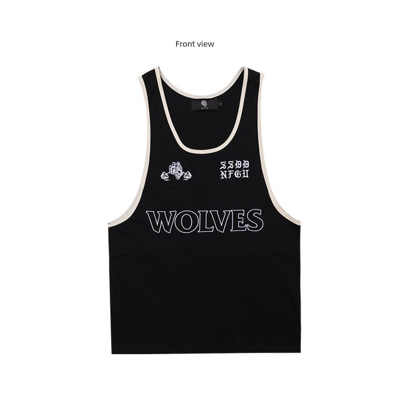Бог Фитнес Жилет Мужской Голова Волка Европейский Американский Летний Новый Тренировочный Модный Вышивка Сочетание Цветов Чистый Хлопок Повседневный Спортивный Тренд Black XL (100-112.5kg)