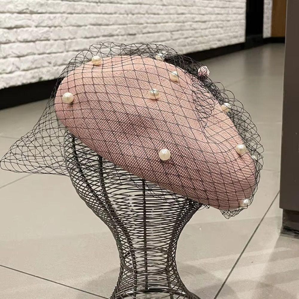With Mesh Veil Wool Beret for Women Pearl Beanie Caps Elegant Painter Hat Banquet
