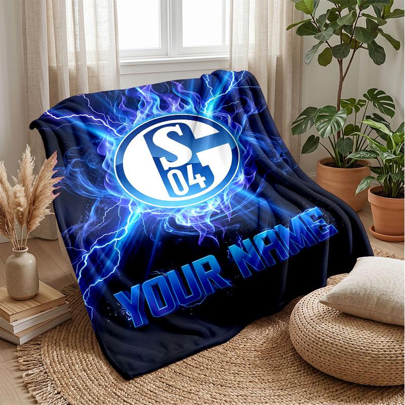 Schalke 04 FC Custom Name Text Flannel Blanket Soccer Logo Personalized Fleece Throw Blanket Special Gift For Sofa Bedroom Home