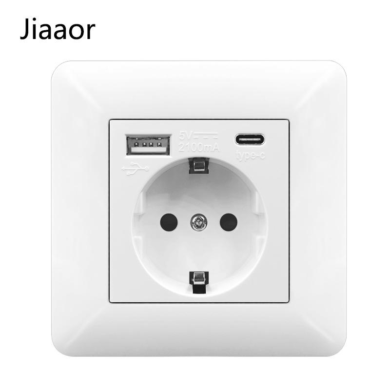

16A Біла настінна панель подвійної розетки в німецькому стилі з USB та Type C, європейський стандарт.