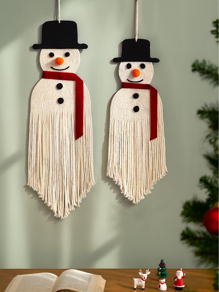 Cute Macrame Snowman Wall Hanging Decor Christmas Snowman with Tassel Design Festive Ornament for Home Wall,Xmas Tree&Party Gift