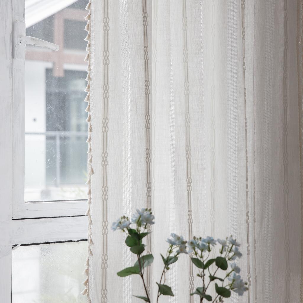 Zasłona Gotowa Pusta Bawełna i Len z Frędzlami Salon Sypialnia Gabinet Frędzle Szara Dekoracyjna Zasłona na Okno Wykuszowe
