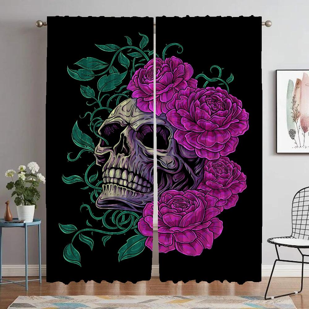 Mexico Flower Skull Anti-mosquito Curtains for Living Room Blackout Curtain for Room 2 Panel Halloween Decoration Partition Home