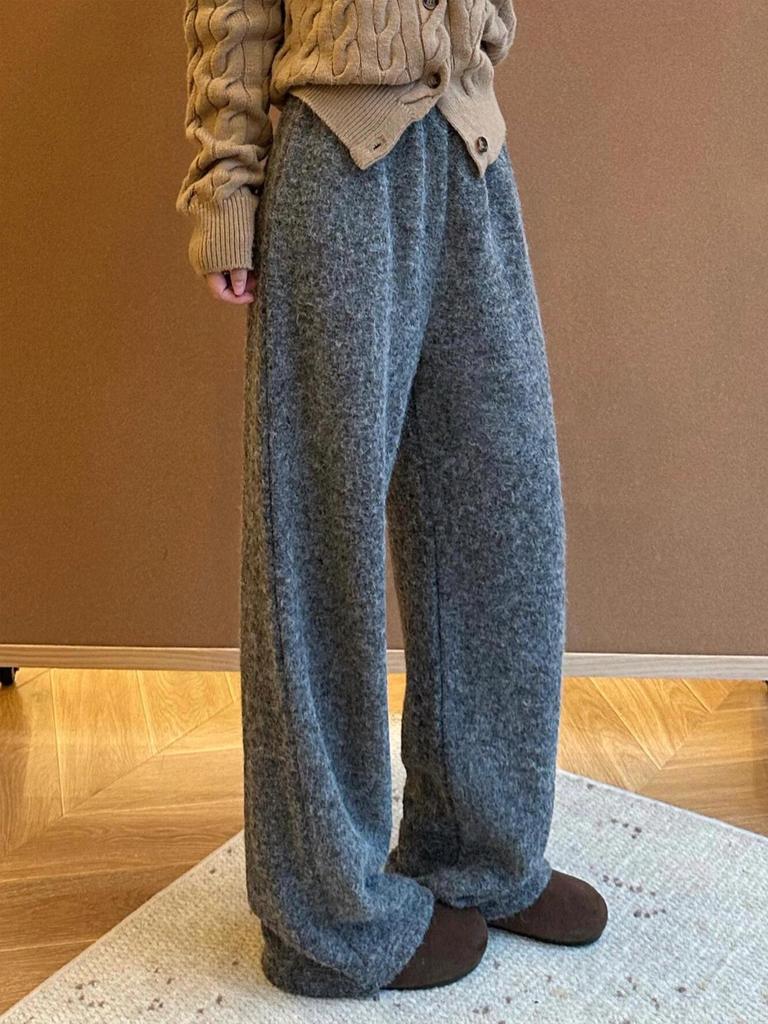Women's Charcoal Grey High Waist Cashmere Wide-Leg Pants - Korean Style Autumn/Winter 2025