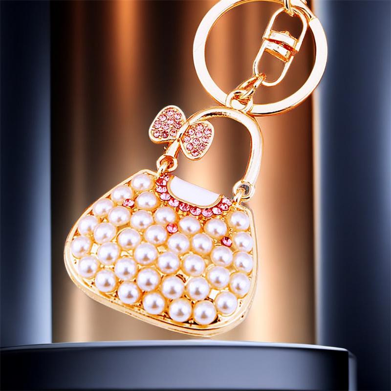 Cute Keychains for Women Rhinestone Pearls Bags Shape Key Chains Jewelry for Car Women's Bags Decoration Bag Charm