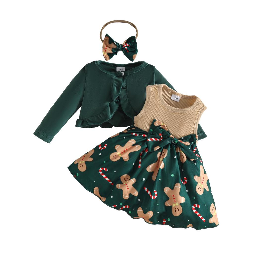 Baby Girl Christmas Wool Coat Dress & Headband Set - Gingerbread & Reindeer Theme