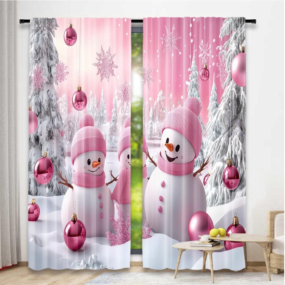 Set Of 2 Flat Printing Christmas Hot Party Curtains Pink Frosty Friends Digital Printed Polyester Drapes Decorations Use Made