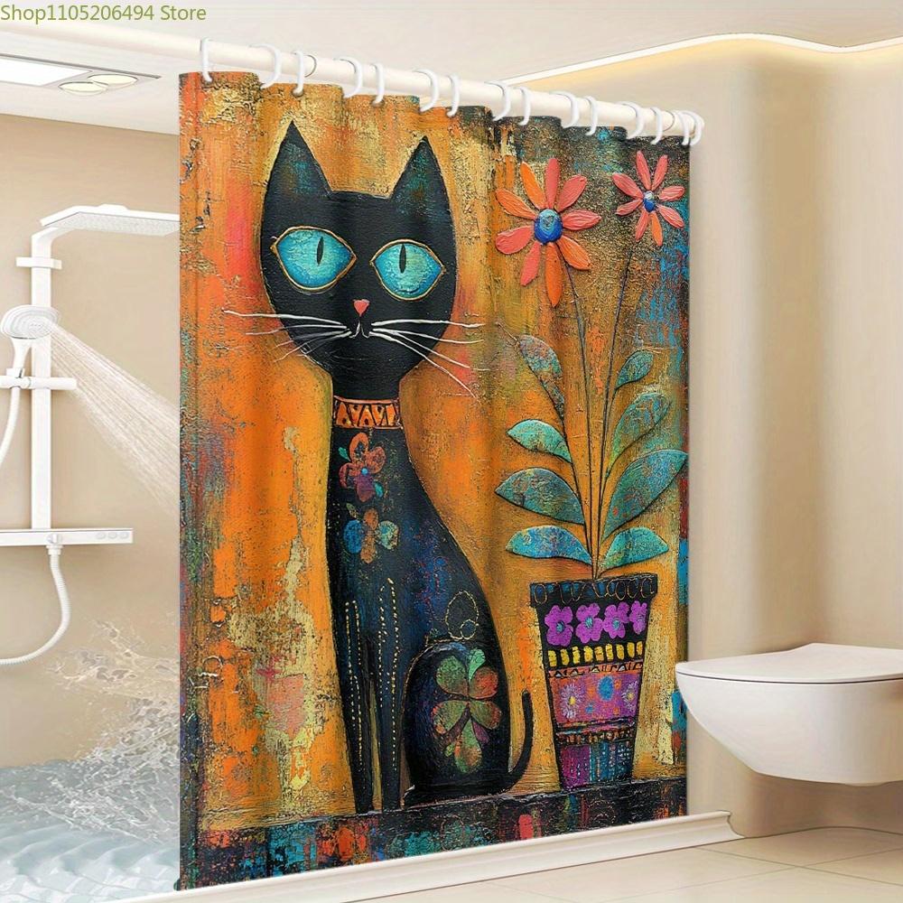 1Pc Bohemian Style Black Cat And Floral Pattern Printed Shower Curtain, Modern Art Style Bathroom Home Decor With Plastic Hook