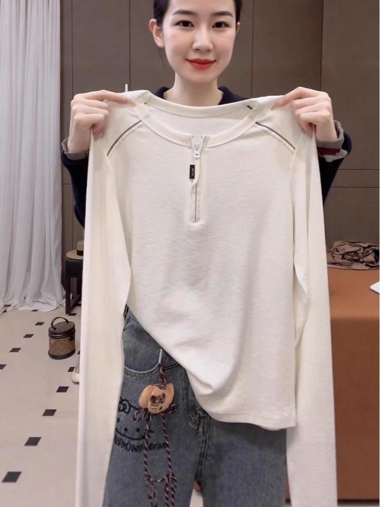 Women's Korean-Style White Half-Zip Long-Sleeve T-Shirt - 2025 Autumn, Loose Fit & Slimming