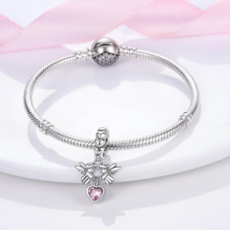 Charms Copperguardian Angel Pink Heart Beads Fit Charms Plataoriginal Bracelet Beads Women Jewellery Making Gifts