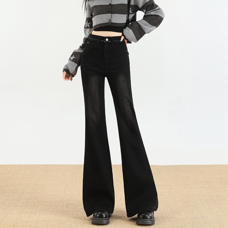 Vintage Black-Gray High-Waisted Micro-Flare Denim Slimming Pants - Women s Autumn/Winter Style Double Extra Large
