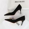 Women's Shoes with Thin Heels, High Heels, Silk, Shallow Mouth, Pointed Metal Bow, Single Shoe