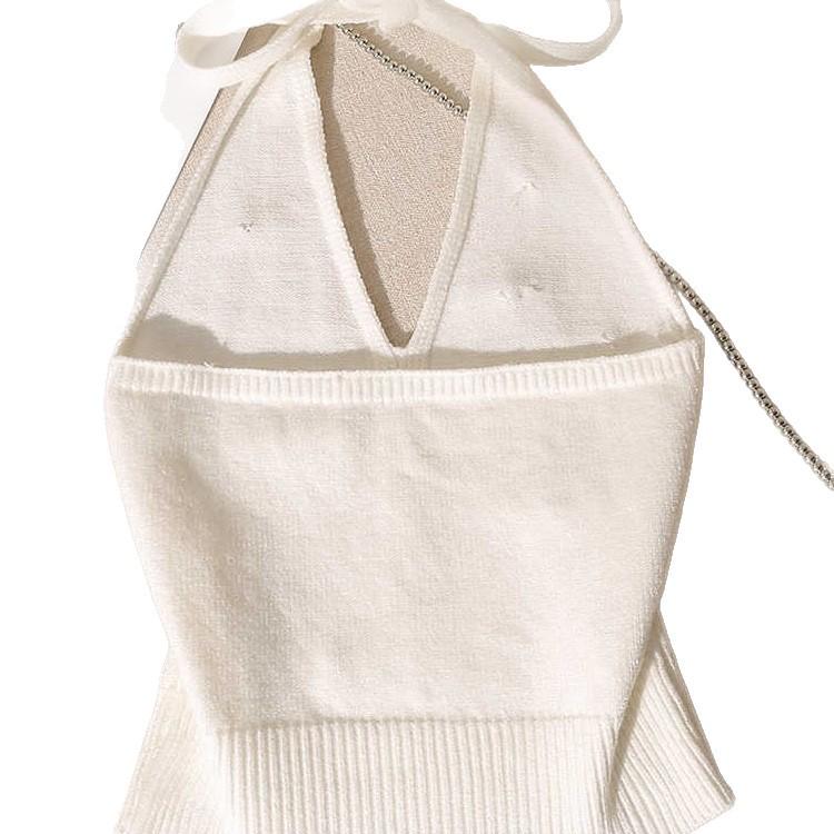 Stunning Slim-Fit French Beadwork Halter Tank Top with Beautiful Off-Shoulder Back Design for Women