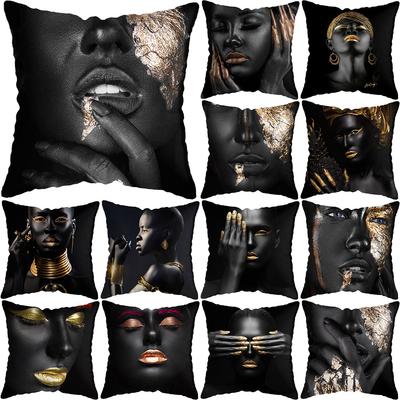 Funda de cojín estampada de chica africana en negro y dorado, moderna, para decoración de sofá de sala de estar en casa, funda de almohada cuadrada