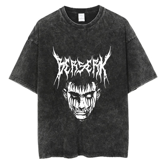 Japanischer Anime Berserk Retro Gewaschenes T-Shirt Herren und Damen Neu Sommer Harajuku Kleidung Lässig Rundhals Kurzärmeliges Oberteil