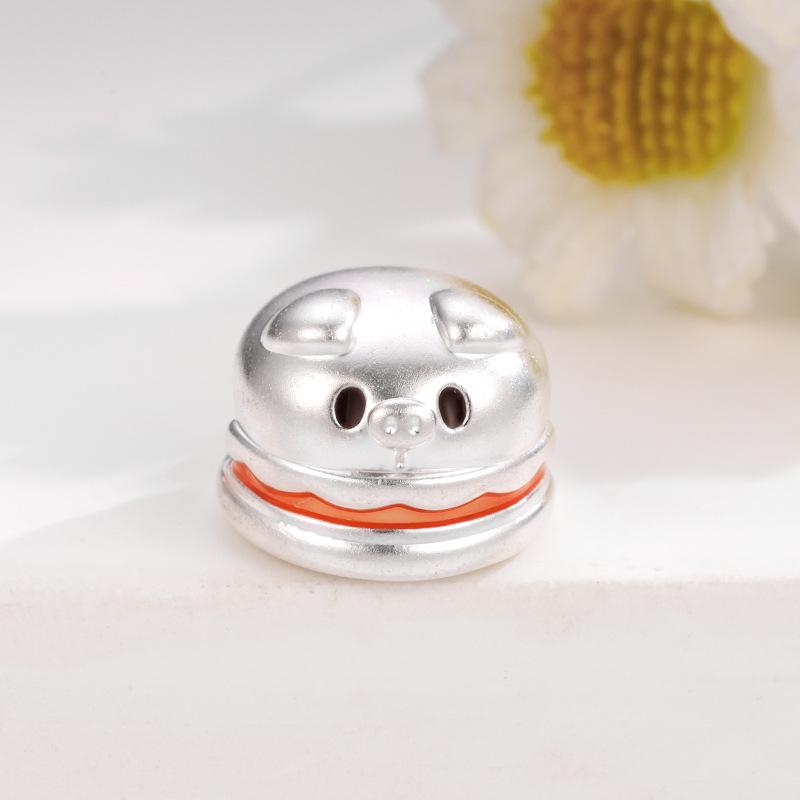 Sterling Silver 999 Piggy Burger Charm Beads for DIY Handwoven Jewelry серебряный
