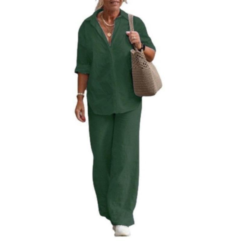Women's  Linen Two Piece Set Casual Button Down Shirt Wide Leg Pants Outfit