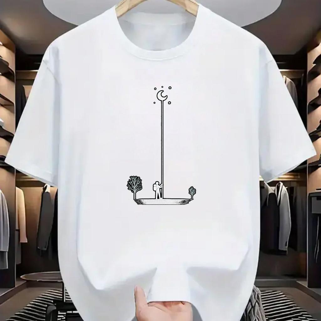 Moon Reach Minimalist Graphic Tee Men Cotton Short Sleeve Casual Summer TShirt Breathable Round Neck