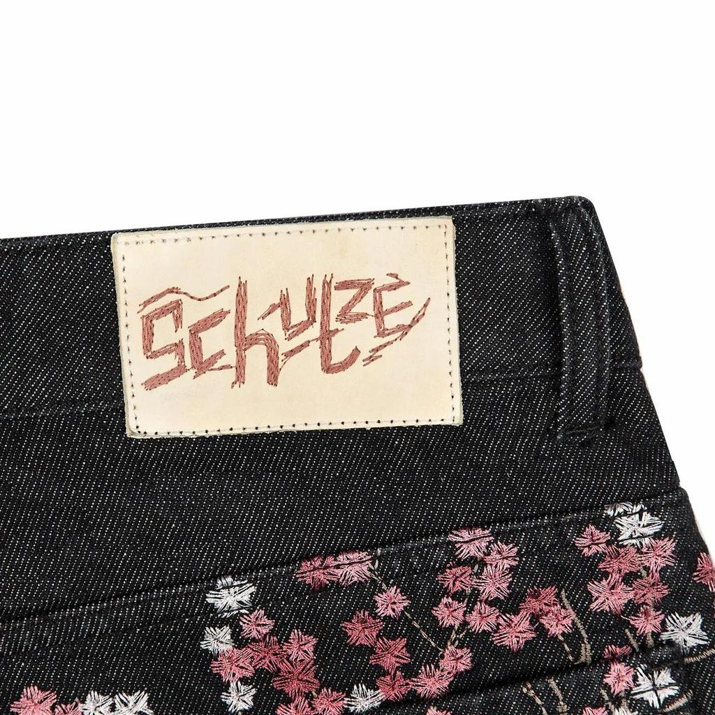 Gotyckie Szorty Jeansowe z Haftem Kwitnącej Wiśni Y2K Męskie Damskie Hip Hop Retro Czarne Luźne Szorty Niskie Spodnie za Kolano