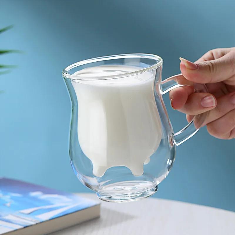 Yaratıcı Inek Çift Katmanlı Cam Kremalı Fincan 250 ml Güzel süt sürahisi Suyu Çay Kahve Fincanı Şeffaf Cam Kupa süt köpürtücü Sürahi