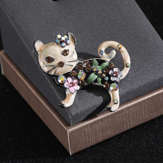 Women Brooch Sparkling Rhinestones Inlaid Cartoon Cat Shape Suit Lapel Pin