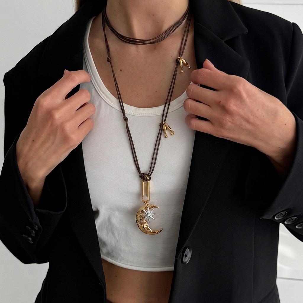New geometric double-layer necklace women's retro exaggerated star and moon pendant multi-layer wax rope sweater chain jewelry