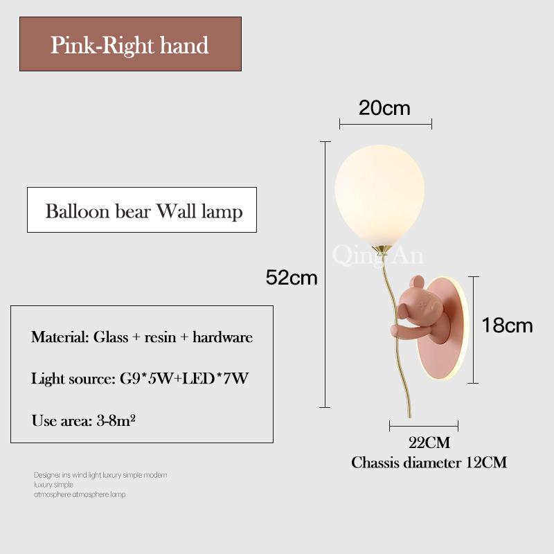 Children's Room LED Wall Light Pink Balloon Bear Wall Light Modern Warm Princess Room Nursery Girl Boy Bedroom Bedside Light