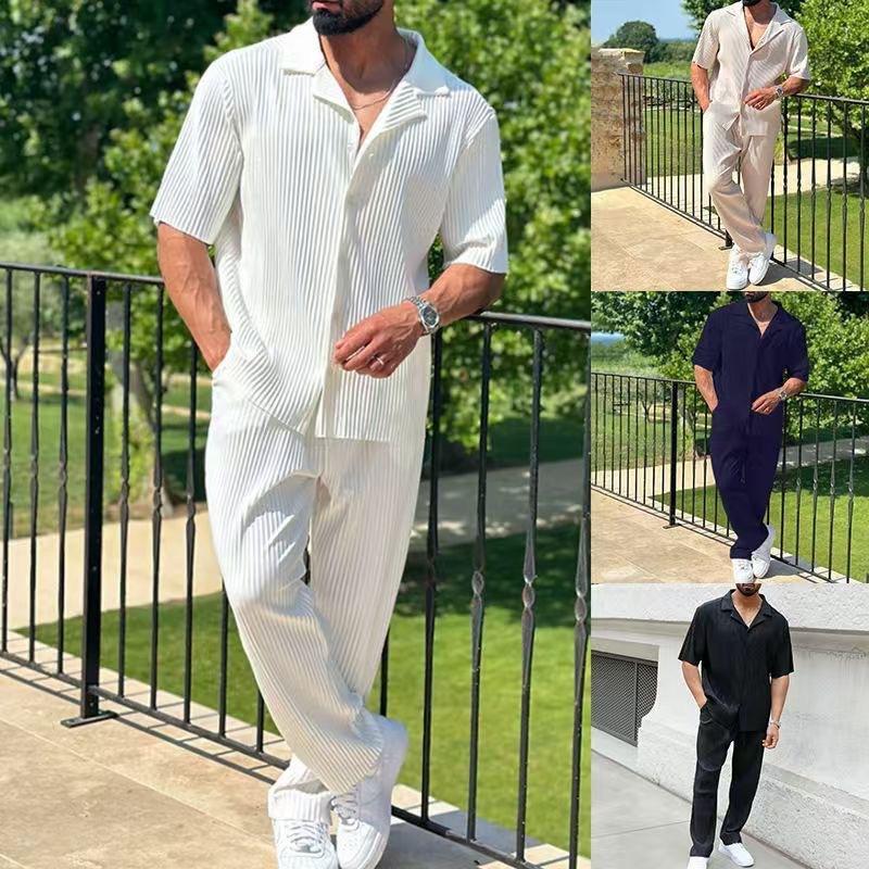 Herren Falten-Kurzarmhemd und Lange Hosen Set Lässig Revers Knopfleiste Zweiteiliges Outfit