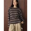 Autumn Winter Korean-style Simple Lazy Color-block Stripe Round Neck T-shirt Loose Comfortable Top For Women