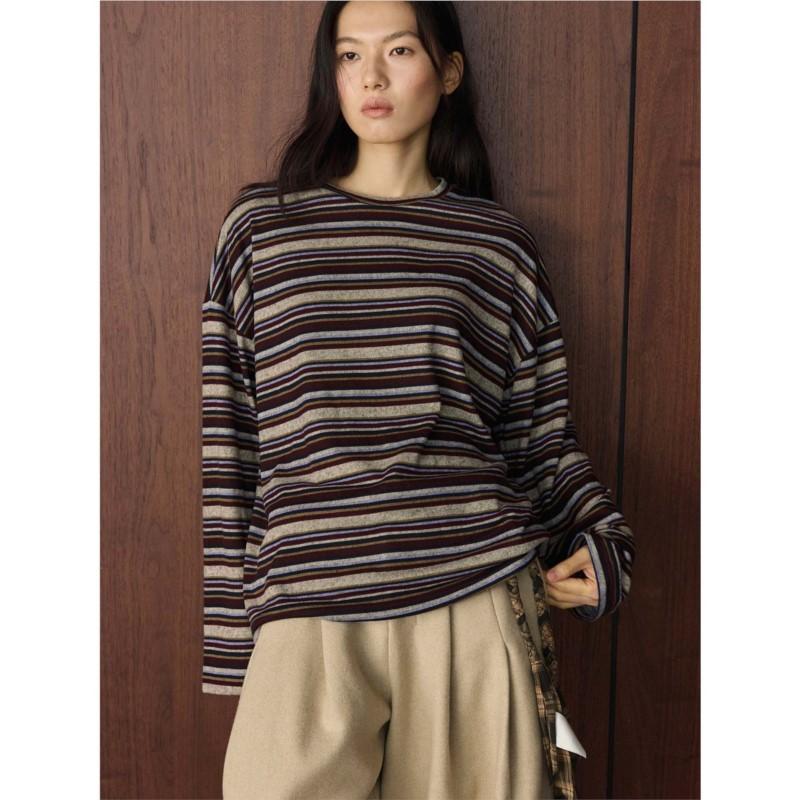 Johnature Autumn Winter Korean-style Simple Lazy Color-block Stripe Round Neck T-shirt Loose Comfortable Top For Women